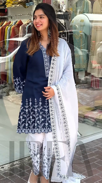 Hot Eid Soft Cotton Embroidery Three Piece