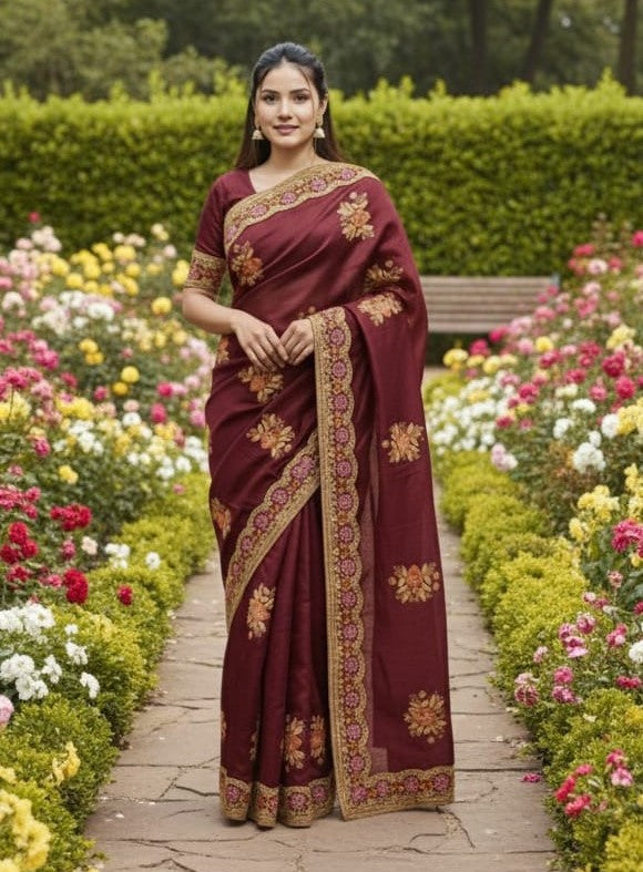 Premium Embroidery Semi Moslin Sharee