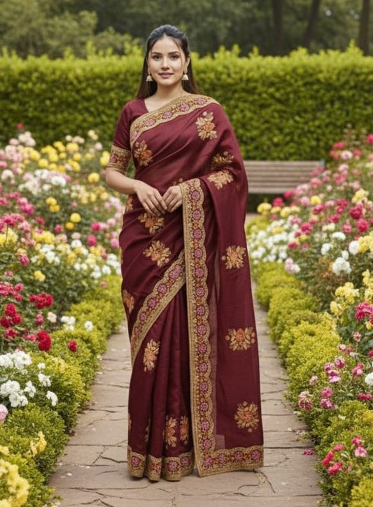 Premium Embroidery Semi Moslin Sharee